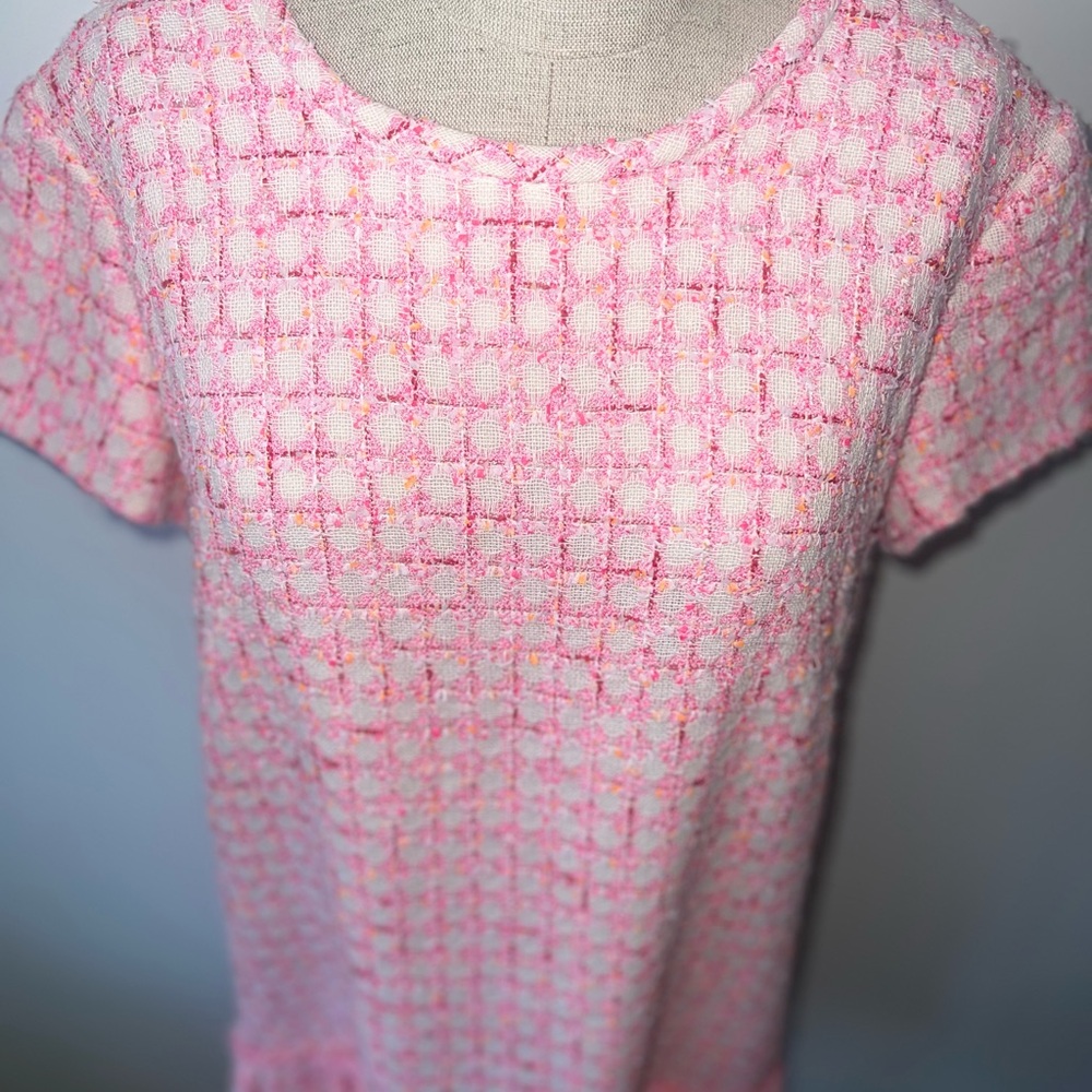 Barbiecore Pink White Orange Tweed Drop Waist Short Sleeve Dress size 14